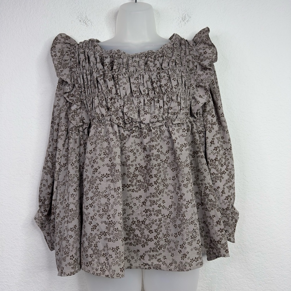 &merci Shirt Womens M Brown Floral Smocked Ruffle‎ Whimsigoth Dark Romantic Boho